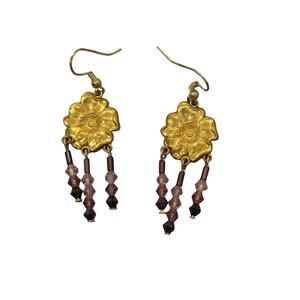 Chandelier Earrings 
Purple Crystals 
Brass Flower Findings 
Fishhook Ear Wires
